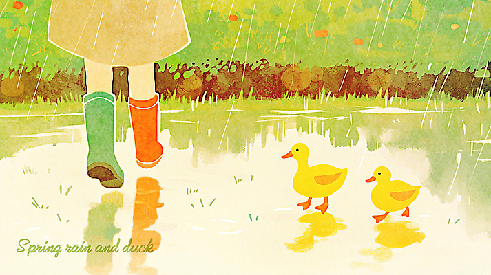 PSD 두마리 일러스트 오리 따뜻함 장화 잔디 신체부위 연두색 반사 귀여움 하반신 다리 봄비 우비 감성 국내일러스트 식물 옷 신발 컨셉 2 조류 사람 초록색 봄 비_날씨 파일형식