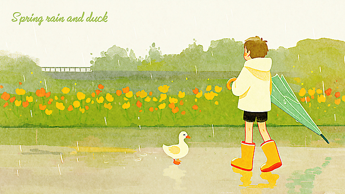 전신 PSD 남자 꽃 어린이 일러스트 우산 오리 따뜻함 장화 한명 들기 소년 연두색 귀여움 봄비 우비 감성 레인부츠 소년한명만 국내일러스트 식물 1 옷 신발 컨셉 모션 조류 부츠 사람 초록색 봄 비_날씨 남자한명만 소년만 파일형식