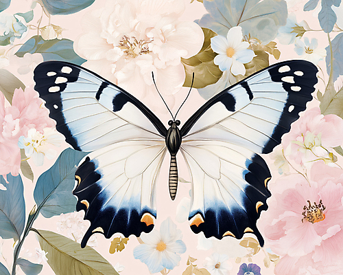 JPG 한마리 디자인 분홍색 나비 잎 일러스트 봄꽃 사람없음 빈티지 복고 버터플라이 국내일러스트 AI일러스트 AI콘텐츠 식물 1 꽃 컬러 곤충 컨셉 봄 파일형식