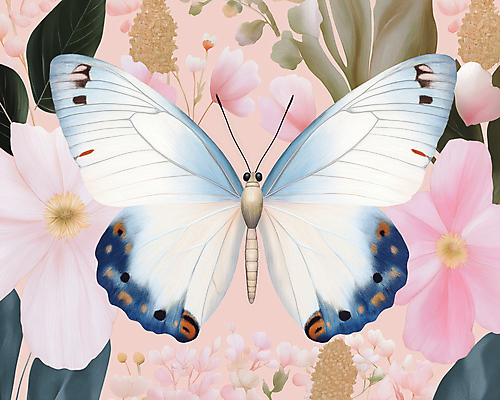 JPG 한마리 디자인 분홍색 나비 잎 일러스트 봄꽃 사람없음 빈티지 복고 버터플라이 국내일러스트 AI일러스트 AI콘텐츠 식물 1 꽃 컬러 곤충 컨셉 봄 파일형식