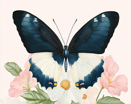 JPG 한마리 디자인 분홍색 나비 잎 일러스트 봄꽃 사람없음 빈티지 복고 버터플라이 국내일러스트 AI일러스트 AI콘텐츠 식물 1 꽃 컬러 곤충 컨셉 봄 파일형식