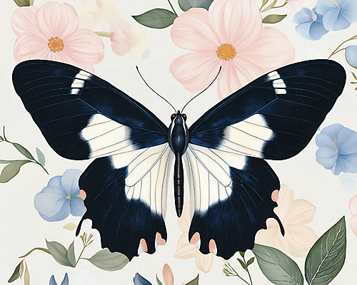 JPG 한마리 디자인 하늘색 나비 잎 일러스트 봄꽃 사람없음 빈티지 복고 버터플라이 국내일러스트 AI일러스트 AI콘텐츠 식물 1 꽃 곤충 컨셉 파란색 봄 파일형식