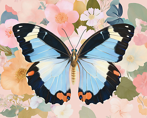 JPG 한마리 디자인 분홍색 나비 잎 일러스트 봄꽃 사람없음 빈티지 복고 버터플라이 국내일러스트 AI일러스트 AI콘텐츠 식물 1 꽃 컬러 곤충 컨셉 봄 파일형식