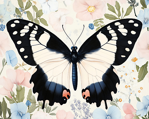 JPG 한마리 디자인 하늘색 나비 잎 일러스트 봄꽃 사람없음 빈티지 복고 버터플라이 국내일러스트 AI일러스트 AI콘텐츠 식물 1 꽃 곤충 컨셉 파란색 봄 파일형식