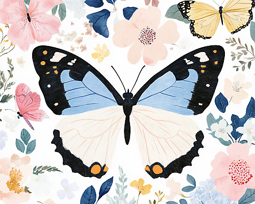 JPG 한마리 디자인 나비 잎 일러스트 봄꽃 사람없음 파란색 빈티지 복고 버터플라이 국내일러스트 AI일러스트 AI콘텐츠 식물 1 꽃 컬러 곤충 컨셉 봄 파일형식