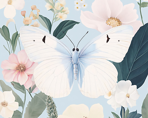 JPG 한마리 디자인 하늘색 나비 잎 일러스트 봄꽃 사람없음 빈티지 복고 버터플라이 국내일러스트 AI일러스트 AI콘텐츠 식물 1 꽃 곤충 컨셉 파란색 봄 파일형식
