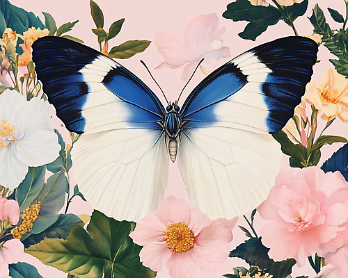 JPG 한마리 디자인 분홍색 나비 잎 일러스트 봄꽃 사람없음 빈티지 복고 버터플라이 국내일러스트 AI일러스트 AI콘텐츠 식물 1 꽃 컬러 곤충 컨셉 봄 파일형식