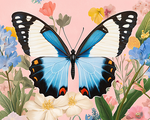 JPG 한마리 디자인 분홍색 나비 잎 일러스트 봄꽃 사람없음 빈티지 복고 버터플라이 국내일러스트 AI일러스트 AI콘텐츠 식물 1 꽃 컬러 곤충 컨셉 봄 파일형식