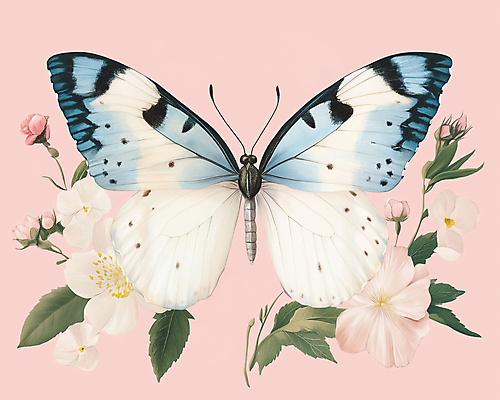 JPG 한마리 디자인 분홍색 나비 잎 일러스트 봄꽃 사람없음 빈티지 복고 버터플라이 국내일러스트 AI일러스트 AI콘텐츠 식물 1 꽃 컬러 곤충 컨셉 봄 파일형식