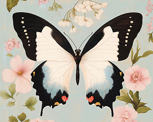 JPG 한마리 디자인 하늘색 나비 잎 일러스트 봄꽃 사람없음 빈티지 복고 버터플라이 국내일러스트 AI일러스트 AI콘텐츠 식물 1 꽃 곤충 컨셉 파란색 봄 파일형식