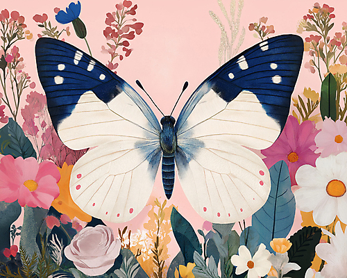 JPG 한마리 디자인 분홍색 나비 잎 일러스트 봄꽃 사람없음 빈티지 복고 버터플라이 국내일러스트 AI일러스트 AI콘텐츠 식물 1 꽃 컬러 곤충 컨셉 봄 파일형식