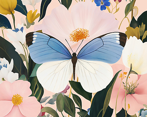 JPG 한마리 디자인 분홍색 나비 잎 일러스트 봄꽃 사람없음 빈티지 복고 버터플라이 국내일러스트 AI일러스트 AI콘텐츠 식물 1 꽃 컬러 곤충 컨셉 봄 파일형식