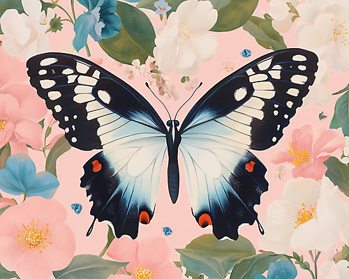 JPG 한마리 디자인 분홍색 나비 잎 일러스트 봄꽃 사람없음 빈티지 복고 버터플라이 국내일러스트 AI일러스트 AI콘텐츠 식물 1 꽃 컬러 곤충 컨셉 봄 파일형식