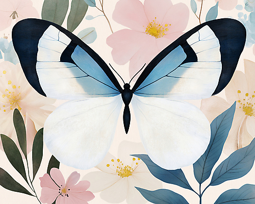 JPG 한마리 디자인 분홍색 나비 잎 일러스트 봄꽃 사람없음 빈티지 복고 버터플라이 국내일러스트 AI일러스트 AI콘텐츠 식물 1 꽃 컬러 곤충 컨셉 봄 파일형식