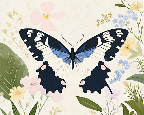 JPG 한마리 디자인 나비 잎 일러스트 봄꽃 사람없음 파란색 빈티지 복고 버터플라이 국내일러스트 AI일러스트 AI콘텐츠 식물 1 꽃 컬러 곤충 컨셉 봄 파일형식