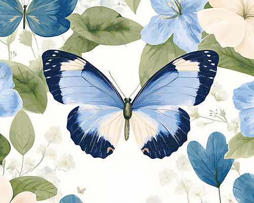 JPG 한마리 디자인 나비 잎 일러스트 봄꽃 사람없음 파란색 빈티지 복고 버터플라이 국내일러스트 AI일러스트 AI콘텐츠 식물 1 꽃 컬러 곤충 컨셉 봄 파일형식