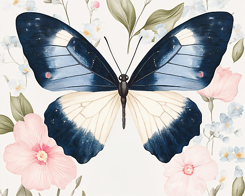 JPG 한마리 디자인 나비 잎 일러스트 봄꽃 사람없음 파란색 빈티지 복고 버터플라이 국내일러스트 AI일러스트 AI콘텐츠 식물 1 꽃 컬러 곤충 컨셉 봄 파일형식