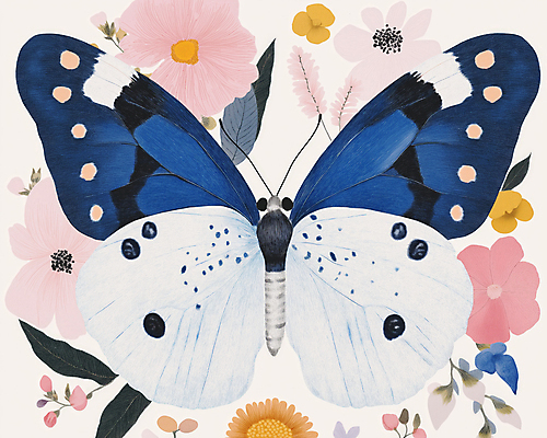 JPG 한마리 디자인 나비 잎 일러스트 봄꽃 사람없음 파란색 빈티지 복고 버터플라이 국내일러스트 AI일러스트 AI콘텐츠 식물 1 꽃 컬러 곤충 컨셉 봄 파일형식