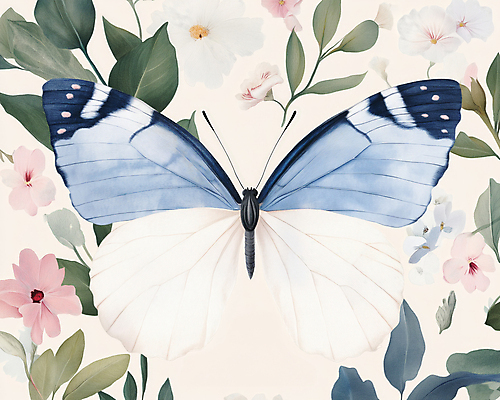 JPG 한마리 디자인 나비 잎 일러스트 봄꽃 사람없음 파란색 빈티지 복고 버터플라이 국내일러스트 AI일러스트 AI콘텐츠 식물 1 꽃 컬러 곤충 컨셉 봄 파일형식