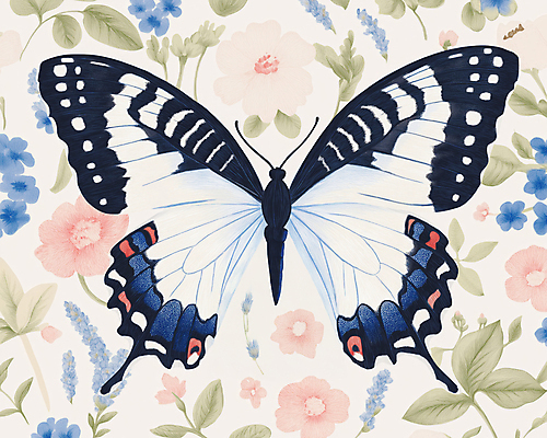 JPG 한마리 디자인 나비 잎 일러스트 봄꽃 사람없음 파란색 빈티지 복고 버터플라이 국내일러스트 AI일러스트 AI콘텐츠 식물 1 꽃 컬러 곤충 컨셉 봄 파일형식