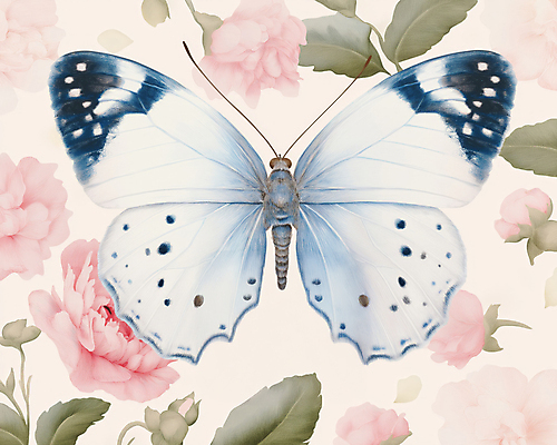 JPG 한마리 디자인 분홍색 나비 잎 일러스트 봄꽃 사람없음 빈티지 복고 버터플라이 국내일러스트 AI일러스트 AI콘텐츠 식물 1 꽃 컬러 곤충 컨셉 봄 파일형식