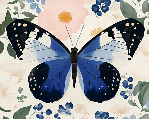 JPG 한마리 디자인 나비 잎 일러스트 봄꽃 사람없음 파란색 빈티지 복고 버터플라이 국내일러스트 AI일러스트 AI콘텐츠 식물 1 꽃 컬러 곤충 컨셉 봄 파일형식