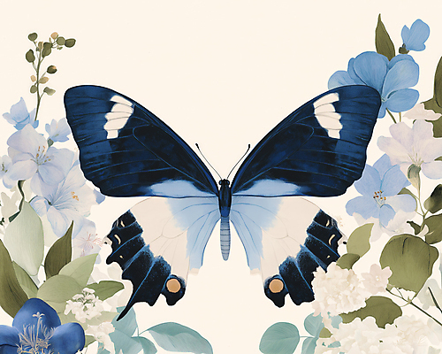 JPG 한마리 디자인 나비 잎 일러스트 봄꽃 사람없음 파란색 빈티지 복고 버터플라이 국내일러스트 AI일러스트 AI콘텐츠 식물 1 꽃 컬러 곤충 컨셉 봄 파일형식