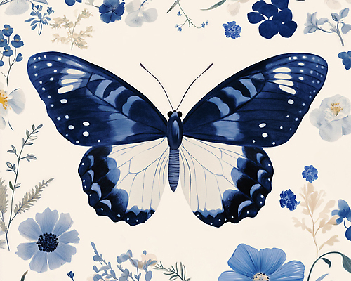 JPG 한마리 디자인 나비 잎 일러스트 봄꽃 사람없음 파란색 빈티지 복고 버터플라이 국내일러스트 AI일러스트 AI콘텐츠 식물 1 꽃 컬러 곤충 컨셉 봄 파일형식