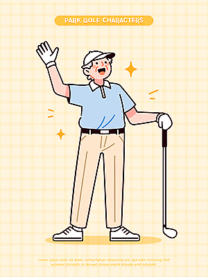 전신 캐릭터 노년 남자 스포츠 일러스트 한명 미소 반짝임 운동 노란색 손들기 골프채 잡기 골프웨어 즐거움 캡모자 노인남자한명만 연노랑색 파크골프 일러캐릭터 AI파일 모자_잡화 1 옷 감정 컬러 골프 모션 골프용품 표정 건강 사람 성인 남자한명만 노인남자만 파일형식 벡터