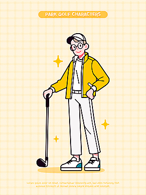전신 캐릭터 남자 스포츠 허리손 일러스트 한명 미소 성인 반짝임 운동 노란색 골프채 잡기 골프웨어 즐거움 캡모자 성인남자한명만 안경낌 연노랑색 파크골프 일러캐릭터 AI파일 모자_잡화 1 옷 감정 안경 컬러 포즈 골프 모션 골프용품 표정 건강 사람 남자한명만 성인남자만 파일형식 벡터