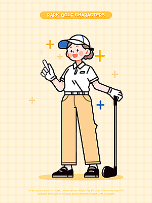 전신 캐릭터 여자 스포츠 일러스트 한명 미소 성인 반짝임 운동 노란색 골프채 가리킴 잡기 골프웨어 즐거움 캡모자 성인여자한명만 연노랑색 파크골프 일러캐릭터 AI파일 모자_잡화 1 옷 감정 컬러 골프 모션 골프용품 표정 건강 사람 손짓 여자한명만 성인여자만 파일형식 벡터