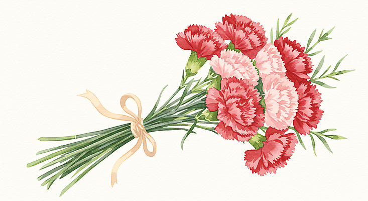 JPG 리본 분홍색 꽃다발 잎 일러스트 수채화 사람없음 어버이날 스승의날 카네이션 가정의달 국내일러스트 AI일러스트 AI콘텐츠 식물 기념일 꽃 컬러 5월 파일형식