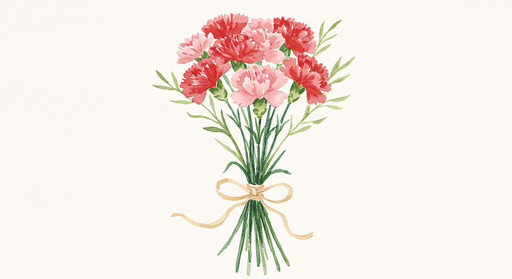 JPG 리본 분홍색 꽃다발 잎 일러스트 수채화 사람없음 어버이날 스승의날 카네이션 가정의달 국내일러스트 AI일러스트 AI콘텐츠 식물 기념일 꽃 컬러 5월 파일형식
