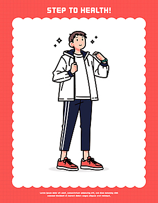 남자 일러스트 건강 한명 서기 미소 성인 빨간색 반짝임 운동복 손들기 가리킴 스포츠캐릭터 성인남자한명만 일러캐릭터 AI파일 캐릭터 1 옷 컬러 모션 표정 사람 손짓 남자한명만 성인남자만 파일형식 벡터