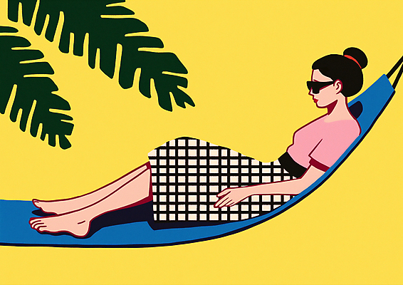 JPG 전신 라이프스타일 여자 일러스트 한명 성인 선글라스 눕기 노란색 빈티지 복고 해먹 야자수잎 리빙 체크스커트 성인여자한명만 트로피컬아트 국내일러스트 AI일러스트 AI콘텐츠 1 안경 컬러 컨셉 잎 모션 사람 생활 치마 침대 그림 여자한명만 성인여자만 파일형식