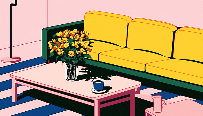 JPG 라이프스타일 분홍색 일러스트 탁자 그림자 사람없음 소파 꽃병 머그컵 빈티지 컵받침 복고 리빙 트로피컬아트 국내일러스트 AI일러스트 AI콘텐츠 꽃 컬러 가구 컨셉 의자 생활 컵 받침대 그림 파일형식