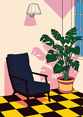JPG 라이프스타일 화분 분홍색 의자 일러스트 조명 그림자 사람없음 빈티지 창가 복고 체크무늬 리빙 몬스테라 트로피컬아트 국내일러스트 AI일러스트 AI콘텐츠 식물 컬러 가구 컨셉 무늬 창문 생활 그림 파일형식