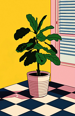 JPG 라이프스타일 화분 일러스트 사람없음 노란색 빈티지 블라인드 풀 창가 복고 체크무늬 리빙 트로피컬아트 국내일러스트 AI일러스트 AI콘텐츠 식물 컬러 컨셉 무늬 창문 생활 커튼 그림 파일형식
