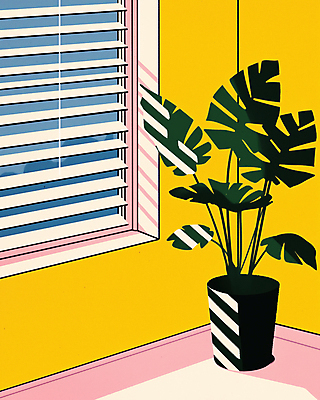 JPG 라이프스타일 화분 일러스트 사람없음 햇빛 노란색 빈티지 블라인드 창가 복고 리빙 몬스테라 트로피컬아트 국내일러스트 AI일러스트 AI콘텐츠 식물 컬러 컨셉 창문 생활 태양 커튼 그림 파일형식