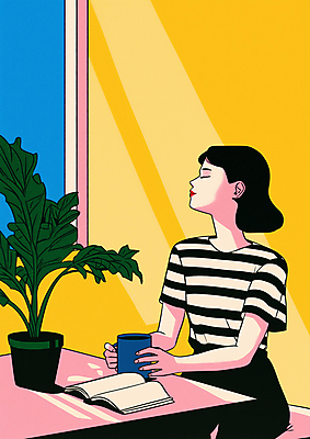 JPG 라이프스타일 여자 화분 일러스트 한명 앉기 상반신 성인 책 햇빛 노란색 눈감음 펼침 머그컵 잡기 빈티지 창가 복고 리빙 몬스테라 성인여자한명만 트로피컬아트 국내일러스트 AI일러스트 AI콘텐츠 식물 1 컬러 컨셉 창문 모션 사람 생활 컵 태양 그림 여자한명만 성인여자만 파일형식