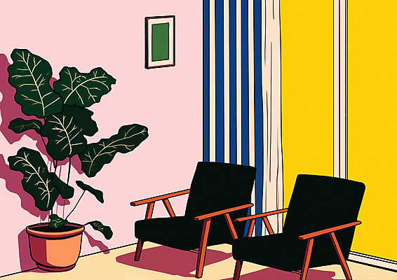 JPG 라이프스타일 화분 분홍색 액자 의자 일러스트 그림자 사람없음 빈티지 커튼 풀 창가 복고 리빙 몬스테라 국내일러스트 AI일러스트 AI콘텐츠 식물 컬러 가구 컨셉 창문 생활 파일형식