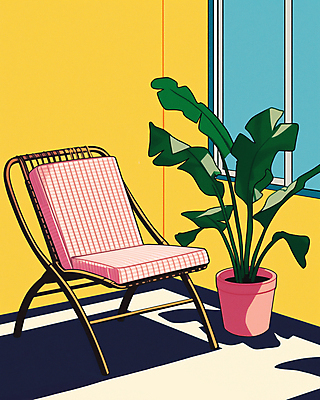 JPG 라이프스타일 화분 의자 일러스트 그림자 사람없음 노란색 빈티지 창가 복고 리빙 몬스테라 트로피컬아트 국내일러스트 AI일러스트 AI콘텐츠 식물 컬러 가구 컨셉 창문 생활 그림 파일형식