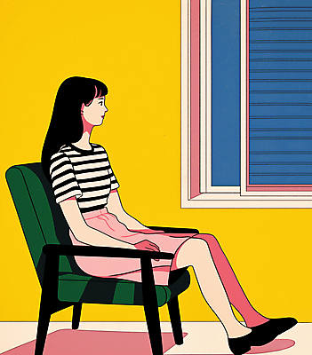 JPG 전신 라이프스타일 응시 여자 의자 일러스트 한명 앉기 성인 노란색 빈티지 창가 복고 리빙 성인여자한명만 트로피컬아트 국내일러스트 AI일러스트 AI콘텐츠 1 시선 컬러 가구 컨셉 창문 모션 사람 생활 그림 여자한명만 성인여자만 파일형식