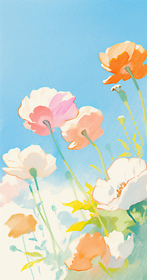 JPG 꽃 하늘색 잎 일러스트 색연필 사람없음 감성 국내일러스트 AI일러스트 AI콘텐츠 식물 컨셉 학용품 파란색 파일형식