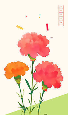 PSD 잎 일러스트 수채화 사람없음 연두색 어버이날 카네이션 5월행사 꽃가루 가정의달 다홍색 원고지 국내일러스트 식물 기념일 꽃 컬러 이벤트 초록색 5월 가루 파일형식