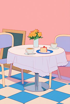 JPG 접시 분홍색 의자 일러스트 사람없음 꽃병 카페 식탁보 빈티지 조각케이크 커피잔 티스푼 컵받침 복고 체크무늬 팬시 원형탁자 뉴트로 국내일러스트 AI일러스트 AI콘텐츠 식기 꽃 커피 컬러 가구 컨셉 무늬 탁자 잔 케이크 상점 숟가락 받침대 파일형식