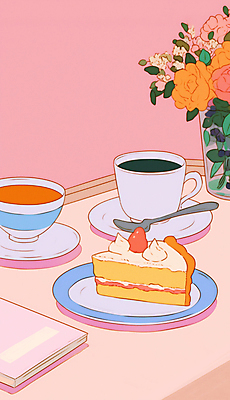 JPG 접시 분홍색 일러스트 탁자 사람없음 책 꽃병 카페 빈티지 조각케이크 커피잔 티스푼 컵받침 복고 팬시 뉴트로 국내일러스트 AI일러스트 AI콘텐츠 식기 꽃 커피 컬러 가구 컨셉 잔 케이크 상점 숟가락 받침대 파일형식