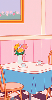 JPG 접시 분홍색 액자 의자 일러스트 탁자 사람없음 꽃병 카페 식탁보 빈티지 커피잔 컵받침 복고 체크무늬 팬시 뉴트로 국내일러스트 AI일러스트 AI콘텐츠 식기 꽃 커피 컬러 가구 컨셉 무늬 잔 상점 받침대 파일형식