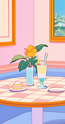 JPG 접시 분홍색 액자 일러스트 사람없음 꽃병 카페 빈티지 조각케이크 복고 체크무늬 팬시 원형탁자 프라페 뉴트로 국내일러스트 AI일러스트 AI콘텐츠 식기 꽃 음료 컬러 컨셉 무늬 탁자 케이크 상점 파일형식