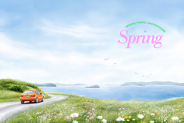 PSD 편집이미지 바다 섬 하늘색 꽃밭 자동차 하늘 색연필 잔디 사람없음 봄풍경 드라이브 차도 상쾌 새떼 봄여행 이미지편집 식물 꽃 감정 도로 육상교통 여행 조류 학용품 풍경 파란색 봄 운전 파일형식